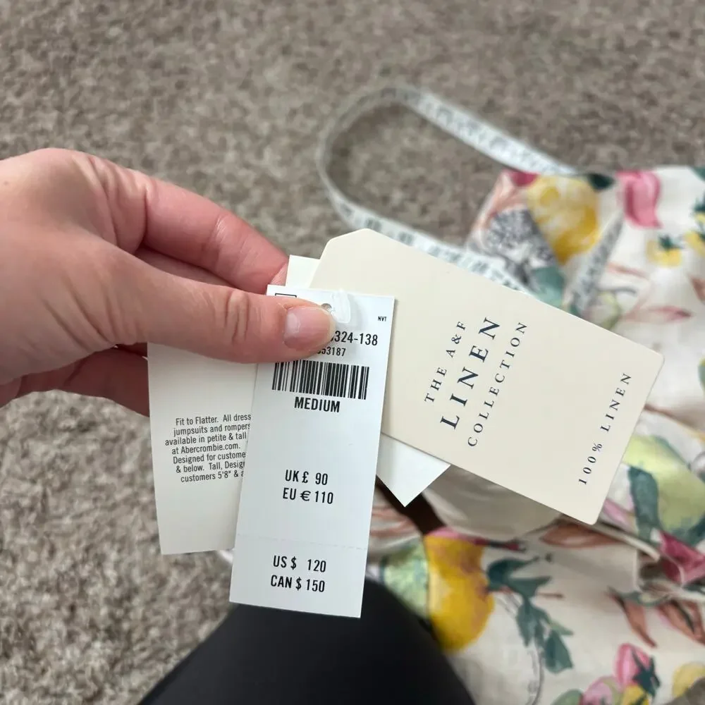 NWT Abercrombie & Fitch Premium Linen Cutout Midi Dress Vegetable Print Medium